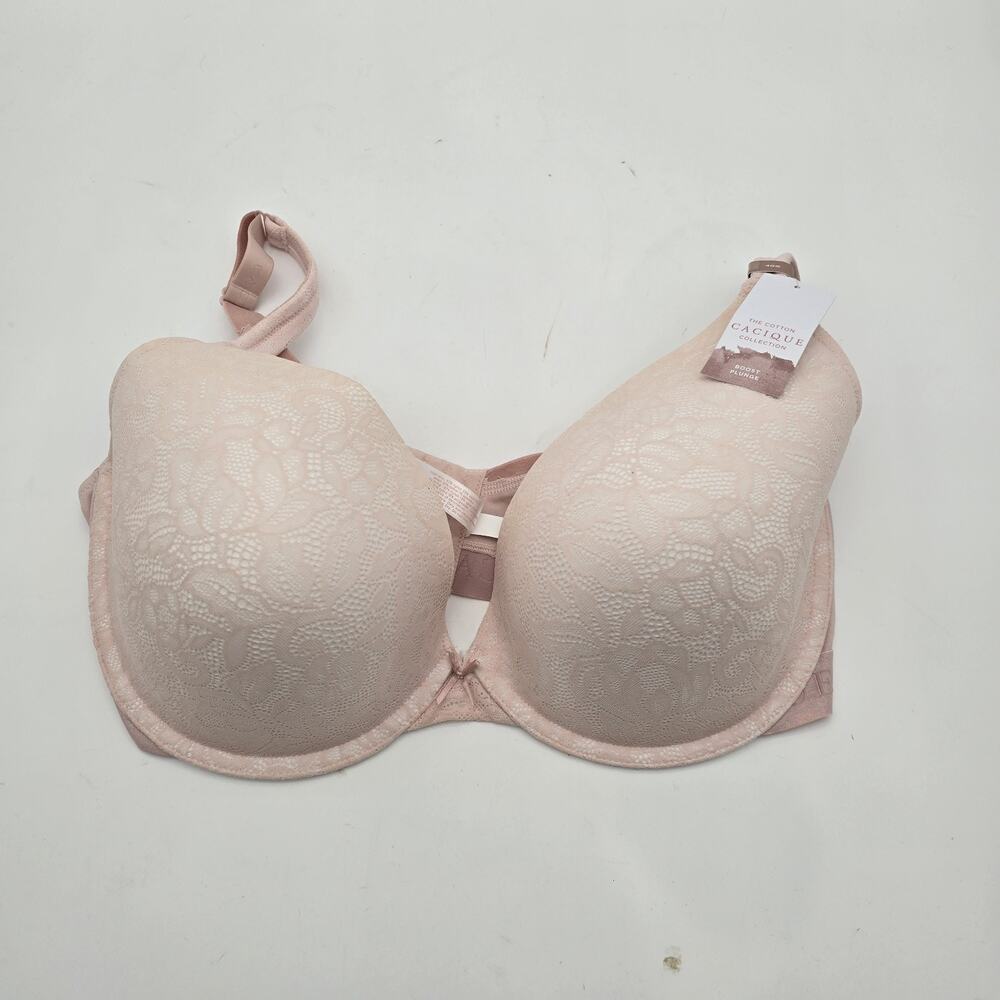 Cacique Bra 40G Pink Lace Coverage Underwire Padded Boost Plunge Cotton